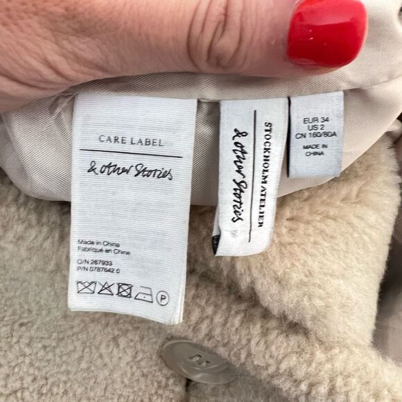 & Other Stories Cream Notch Lapel Mid Length Teddy Pea Coat Size 2 - Picture 8 of 10